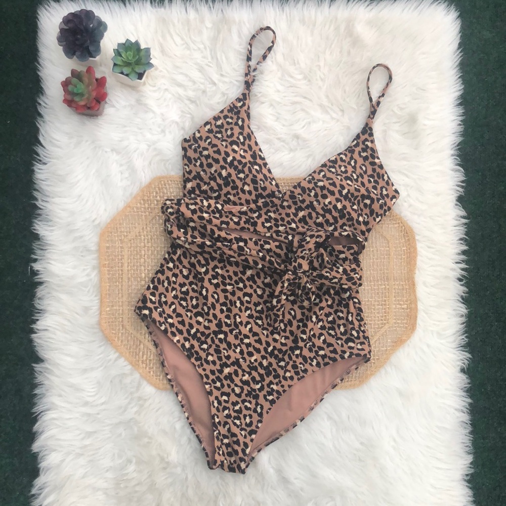 Aerie Leopard Criss Cross Wrap One Piece Swimsuit Bathing Suit